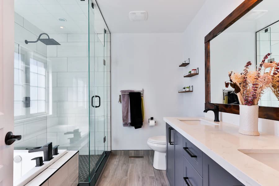 Modern bathroom with glass shower, deep-cleaned to a shine